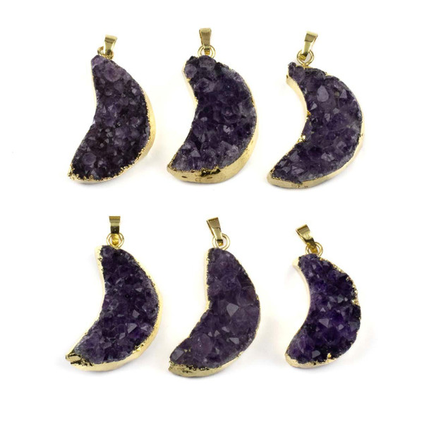 Druzy Amethyst approx. 21x34mm left-facing moon pendant with gold foil edges and bail, a stunning natural gemstone pendant for jewelry making.
