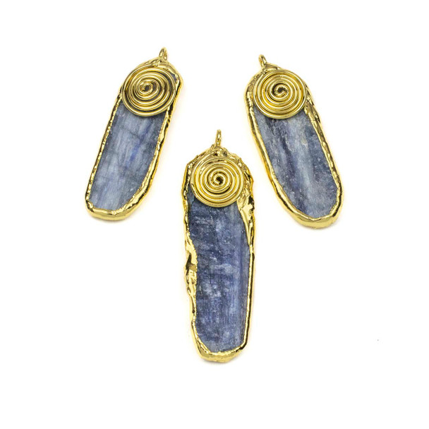 Kyanite approx. 17x43mm Irregular Oval Pendant with Gold Edges, Swirl, and Loop - 1 per bag
