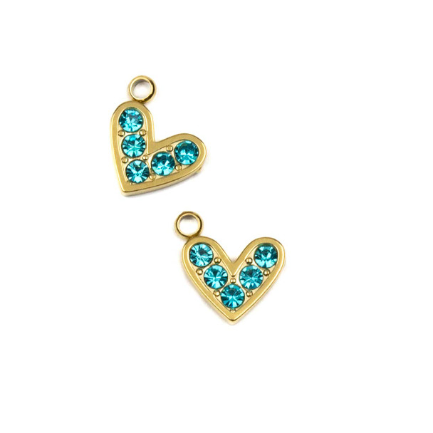 14k Gold Plated 304 Stainless Steel 9mm Heart Charm with Aqua Cubic Zirconias - 2 per bag