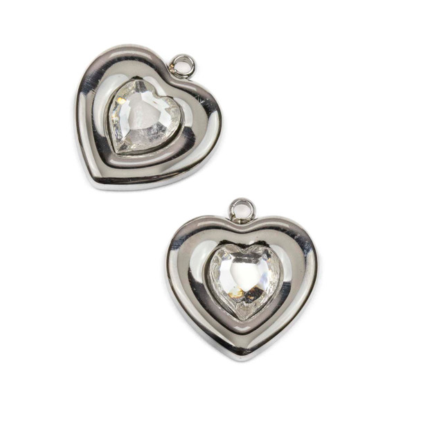 Silver 304 Stainless Steel 13x14mm Heart Charm with Clear Cubic Zirconia - 2 per bag