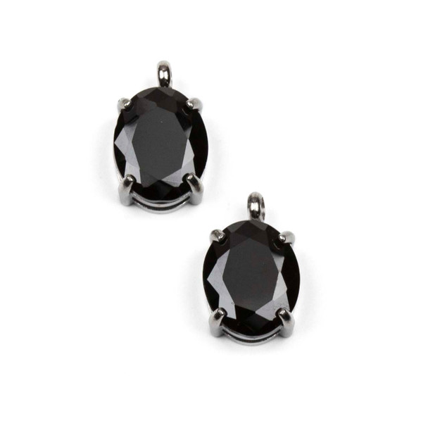 Silver 304 Stainless Steel 8x13mm Faceted Table Cut Oval Black Cubic Zirconia Drop Charm - 2 per bag