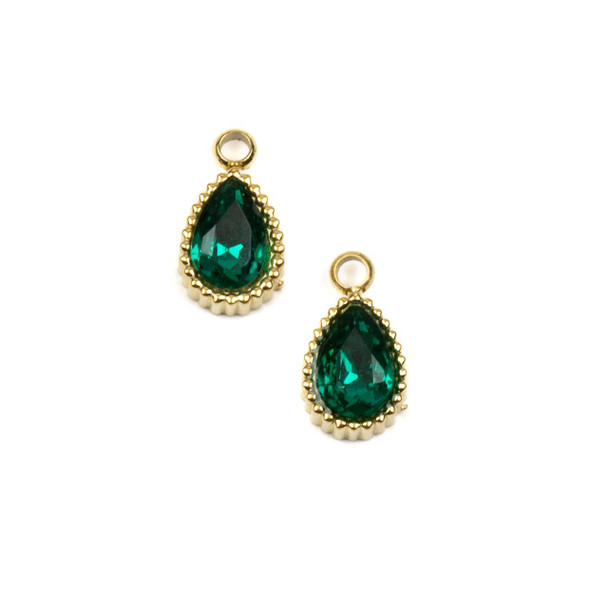 14k Gold Plated 304 Stainless Steel 6x10mm Teardrop Charm with Green Cubic Zirconias - 2 per bag