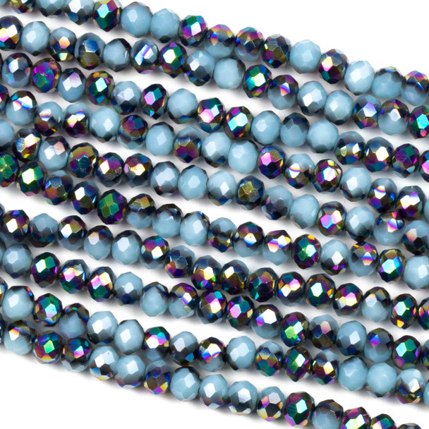 Crystal 3x4mm Opaque Blue Gray with Rainbow Kissed Faceted Rondelle Beads - Approx. 18 inch strand