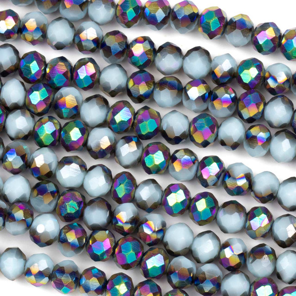 Crystal 4x6mm Opaque Blue Gray with Rainbow Kissed Faceted Rondelle Beads - Approx. 16 inch strand