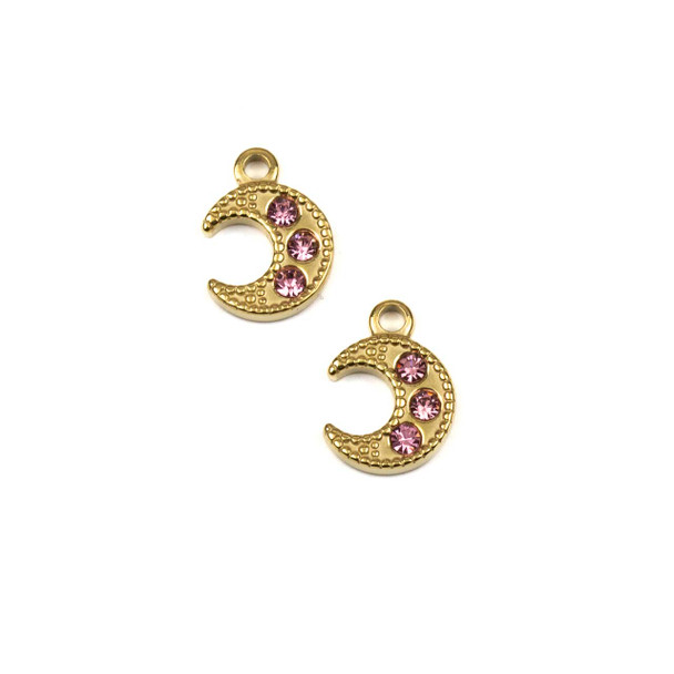 14k Gold Plated 304 Stainless Steel 10x14mm Crescent Moon Charm with Pink Cubic Zirconias - 2 per bag