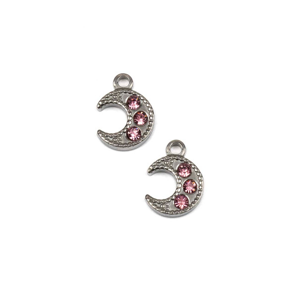 Silver 304 Stainless Steel 10x14mm Crescent Moon Charm with Pink Cubic Zirconias - 2 per bag