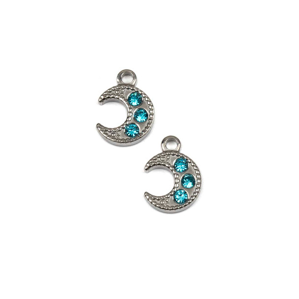 Silver 304 Stainless Steel 10x14mm Crescent Moon Charm with Aqua Cubic Zirconias - 2 per bag