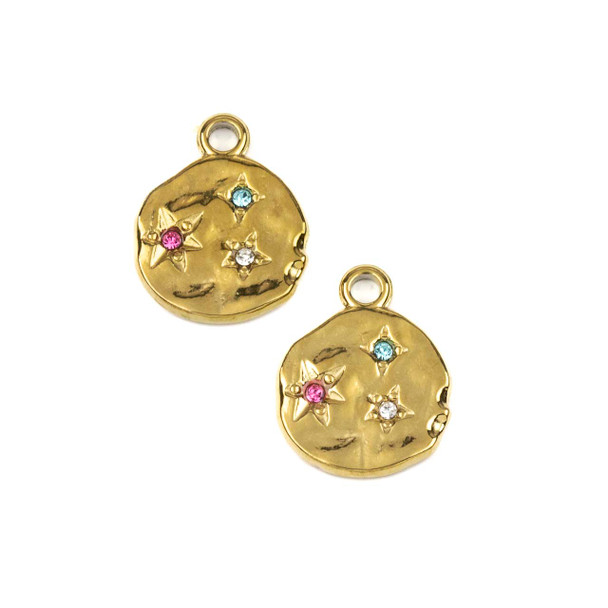 14k Gold Plated 304 Stainless Steel 15x18mm Textured Coin Charm with Clear, Aqua, and Pink Cubic Zirconia Stars - 2 per bag