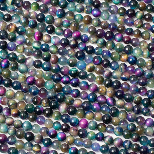 Dyed Purple & Blue Rainbow Tigereye 4.5mm Round Beads - 15 inch strand