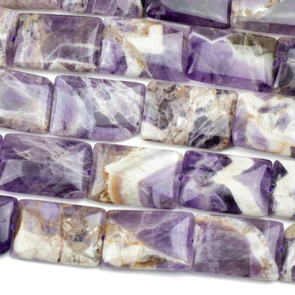 Natural gemstone beads  Dog Tooth Amethyst 19x28mm rectangle beads on a 15-inch strand, featuring stunning purple and white marbled patterns, perfect for unique jewelry designs.