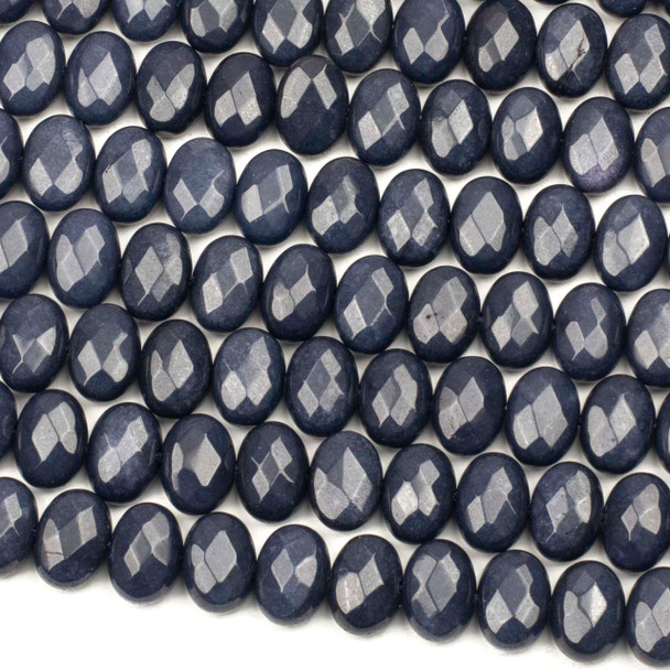 Dyed Jade 10x14mm Blue Faceted Horizontal Drilled Puff Oval Beads - 15 inch strand