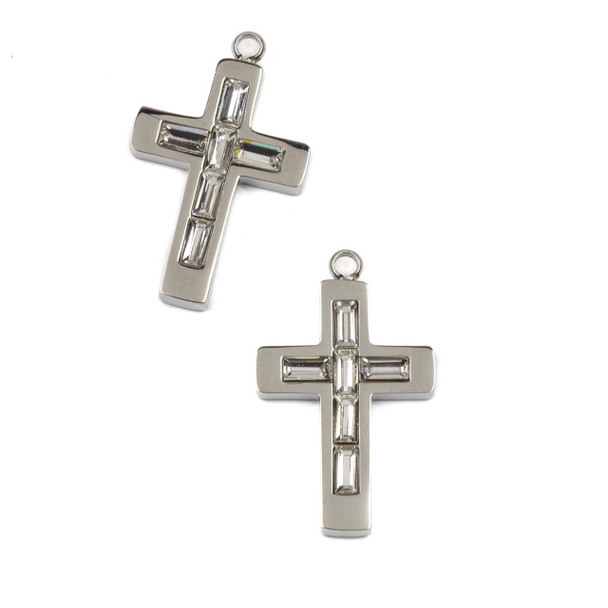 Silver 304 Stainless Steel 15x25mm Cross Charm with Clear Cubic Zirconias - 2 per bag