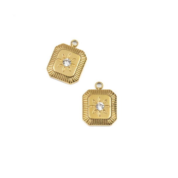 14k Gold Plated 304 Stainless Steel 10x13mm Square Star Burst Charm with Clear Cubic Zirconia - 2 per bag
