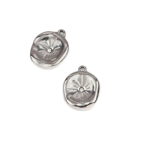 Silver 304 Stainless Steel 13x16mm Irregular Coin Charm with Clear Cubic Zirconia - 2 per bag