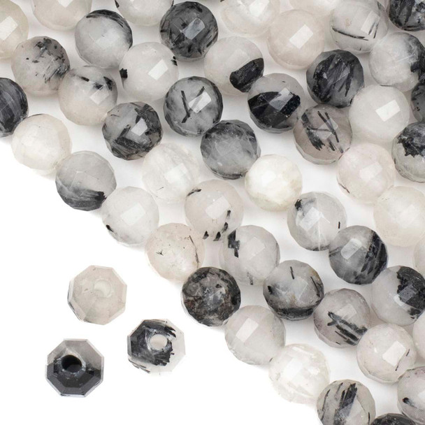 Cherry Tree Beads Large Hole Black Rutilated Quartz 10mm Faceted Lantern Beads with a 2.5mm Drilled Hole - approx. 8 inch strand 