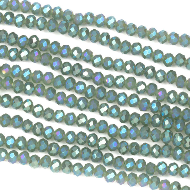 Crystal 3x4mm Opaque Winter Green Frost Faceted Rondelle Beads with a Rainbow AB finish - Approx. 16 inch strand