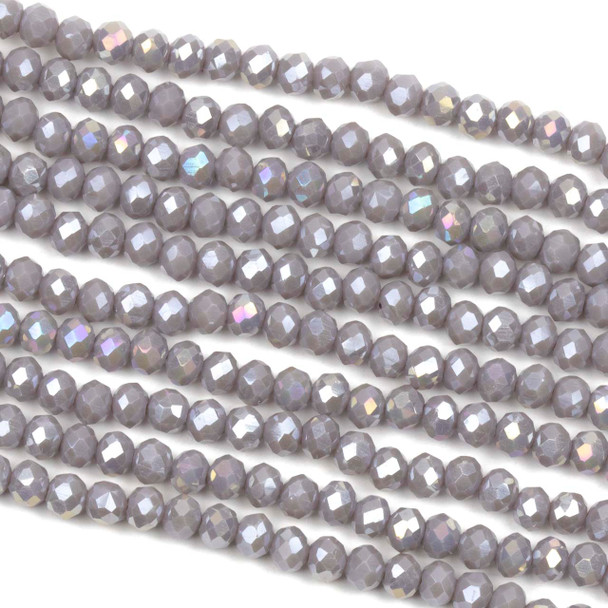 Crystal 3x4mm Opaque Fog Grey Faceted Rondelle Beads with a Rainbow AB finish - Approx. 16 inch strand