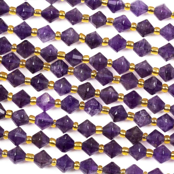 A strand of natural gemstone beads featuring 6-6.5mm amethyst bicone beads, elegantly accented with gold spacers on a 15-inch strand.