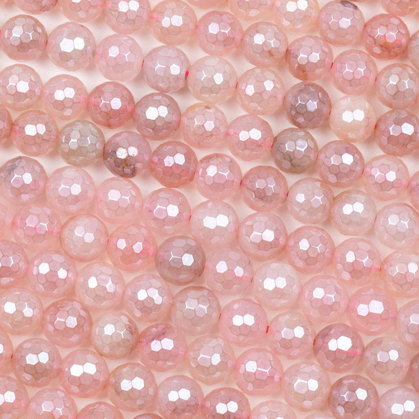 Rose Quartz 8mm faceted round natural gemstone beads with an AB finish, elegantly strung on a 15-inch strand.
