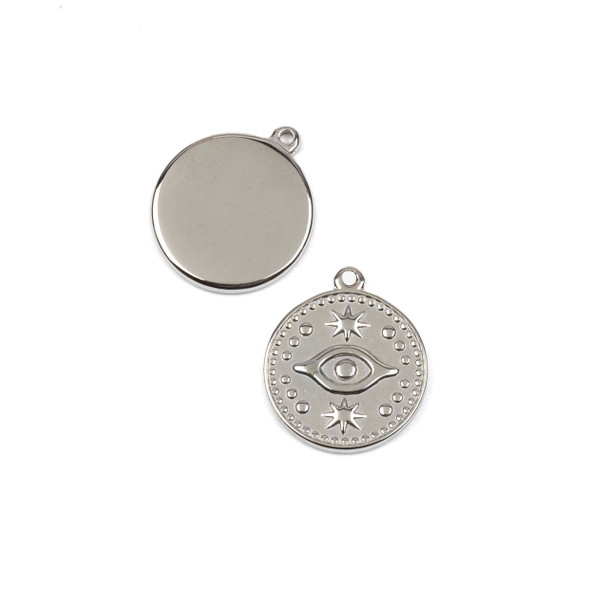 Silver 304 Stainless Steel 17x19mm Evil Eye Coin Charms with Stars - 2 per bag