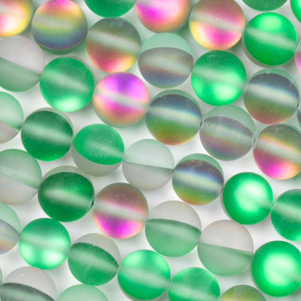 Mermaid Glass or Imitation Glass Moonstone 10mm Matte Green Rainbow Round Beads - 15 inch strand