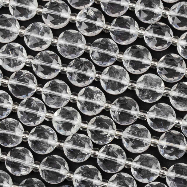 Clear Quartz 12mm Faceted Hexagonal Cut Coin Beads - 15 inch strand