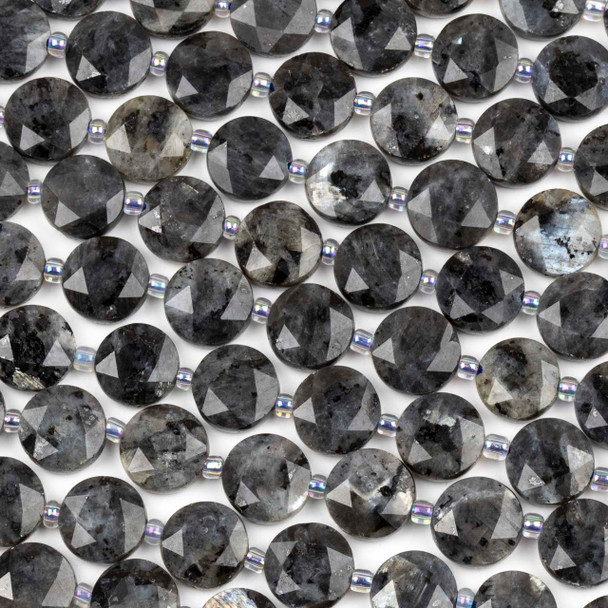 Black Labradorite/Larvikite 10mm Faceted Coin Beads - 15 inch strand