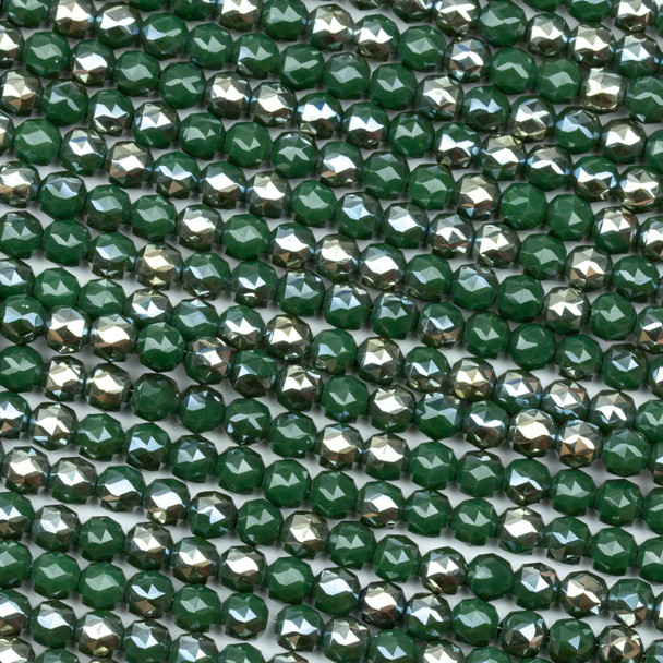 Crystal 6mm Opaque Silver Kissed Dark Green Faceted Round Beads - 20 inch circular strand
