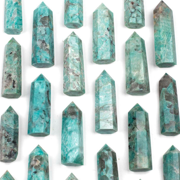 Group of natural gemstone Amazonite crystal towers measuring approximately 2 to 3 inches, showcased for Cherry Tree Beads product display.