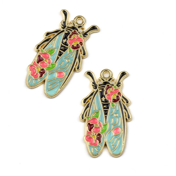 Enameled Gold Pewter 17x30mm Black Cicada Charms with Light Blue Wings & Flower Design - 2 per bag