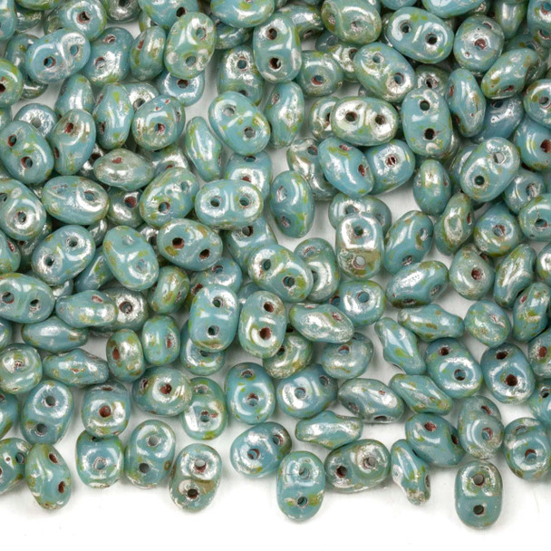 Matubo Czech Glass Superduo 2.5x5mm Seed Beads - Turquoise Blue Picasso #0563030-43400-TB, approx. 22.5 gram tube