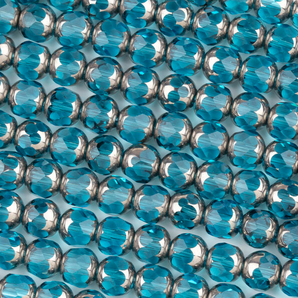 Glass Bead - 8mm Caribbean Blue Faceted Round with Silver Plating, 11 inch strand