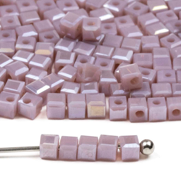 Crystal Beads - approx. 2mm Faceted Cube, Opaque Lavender Purple with an AB finish, 18 inch strand