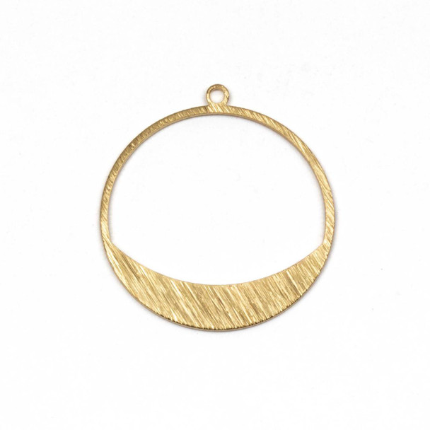 Six lightly textured 28x30.5mm brass hoop components in raw and coated finishes, shown on a neutral background.
