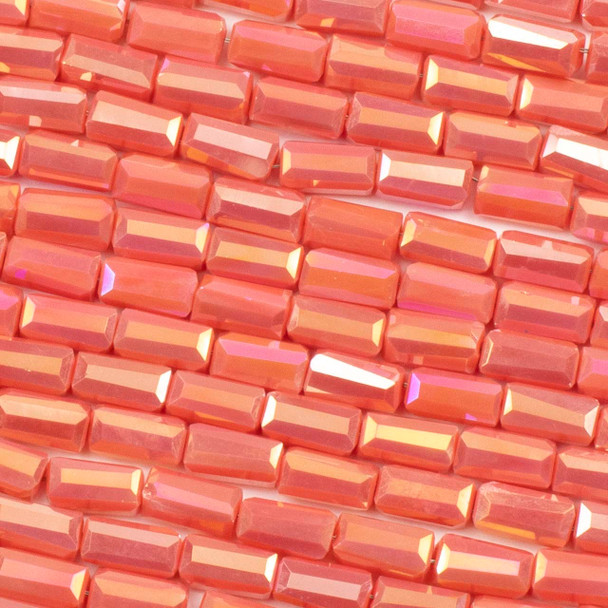 Crystal approx. 3x6mm Opaque Coral Pop Faceted Square Tube Beads with an AB finish - 20 inch strand