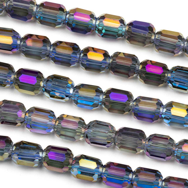 Crystal 6x7mm Lapis Blue Faceted Tube Beads with Purple Rainbow finish - 8 inch strand