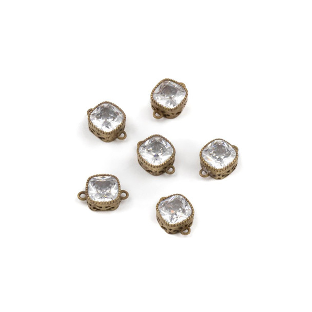 Cherry Tree Beads Raw Brass CZ Component - 7x10mm Square Link, Clear Cubic Zirconia Crystal, 6 per bag 