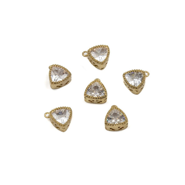 Cherry Tree Beads Raw Brass CZ Component - 7.5x9mm Triangle Drop, Clear Cubic Zirconia Crystal, 6 per bag 
