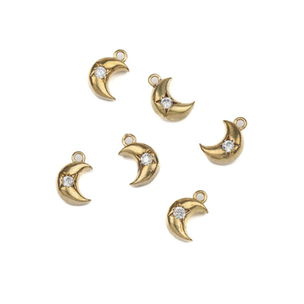 Cherry Tree Beads Raw Brass CZ Component - 6x9mm Tiny Crescent Moon Drop, Clear Cubic Zirconia Crystal, 6 per bag 