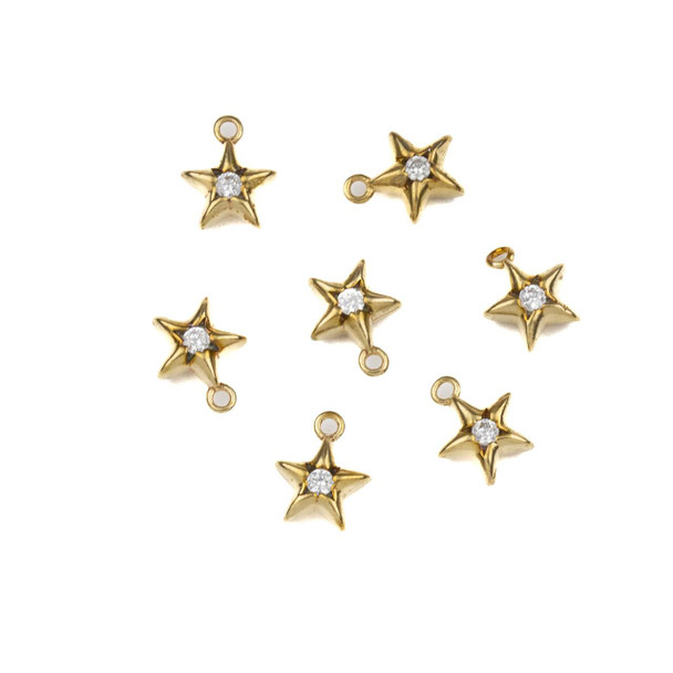 Cherry Tree Beads Raw Brass CZ Component - 7x9mm Tiny Star Drop, Clear Cubic Zirconia Crystal, 6 per bag 