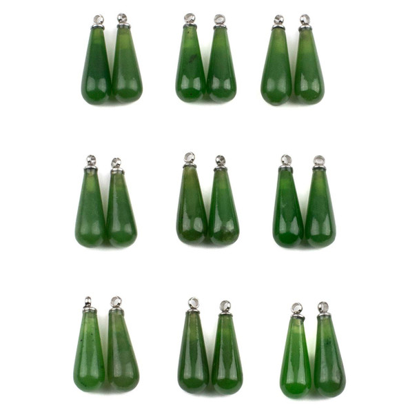 Cherry Tree Beads Nephrite Jade 6x16mm Rounded Teardrop Pendant Pair with Silver Stainless Steel Cap and Loop - 2 per bag 