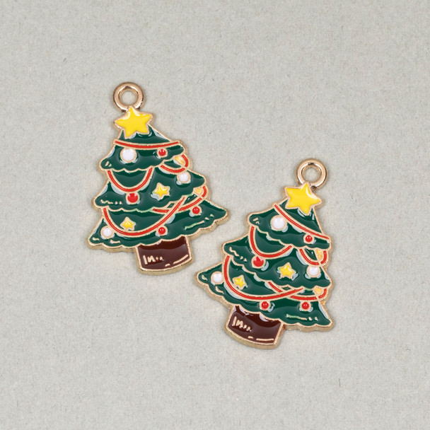 Enameled Gold Pewter 18x25mm Christmas Tree with Red Garland and Yellow Star for DIY Christmas designs.