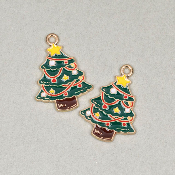 Cherry Tree Beads Enameled Gold Pewter 18x25mm Christmas Tree with Red Garland and Yellow Star - 2 per bag 