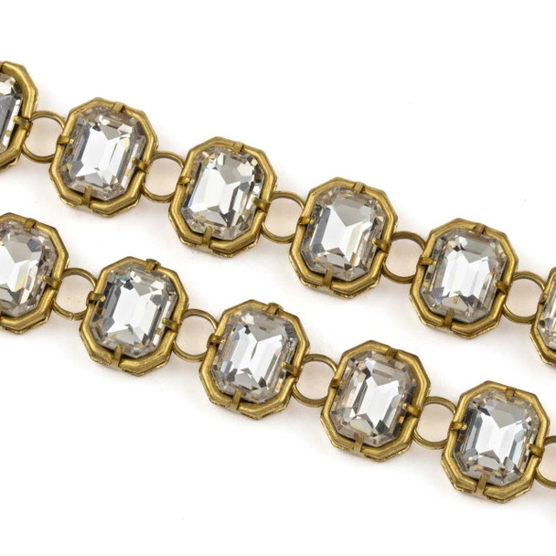 Cherry Tree Beads Raw Brass Crystal Chain - 11x13mm Rectangle Links with Clear Crystals and 5mm Open Jump Rings, 1 meter 