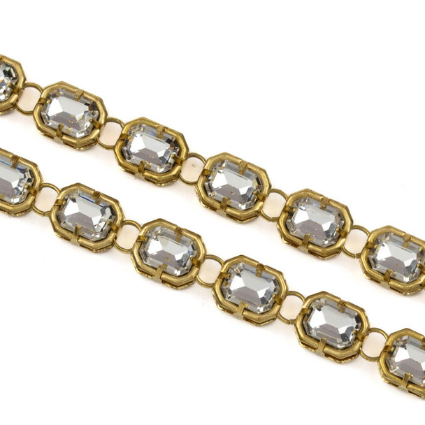 Cherry Tree Beads Raw Brass Crystal Chain - 8x10mm Rectangle Links with Clear Crystals and 5mm Open Jump Rings, 1 meter 