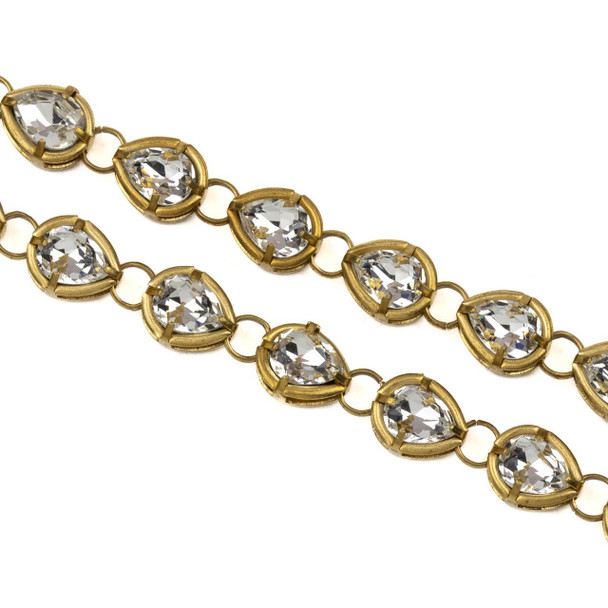 Cherry Tree Beads Raw Brass Crystal Chain - 8x10mm Teardrop Links with Clear Crystals and 5mm Open Jump Rings, 1 meter 