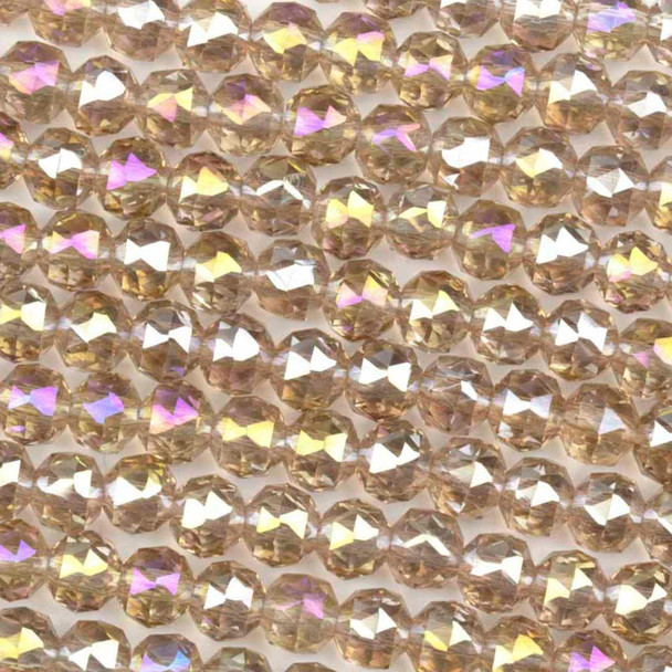Crystal beads for jewelry making - Approx. 6mm faceted round pink blush beads with an AB finish, showcased in an 8-inch strand arrangement with a sparkling reflective surface.