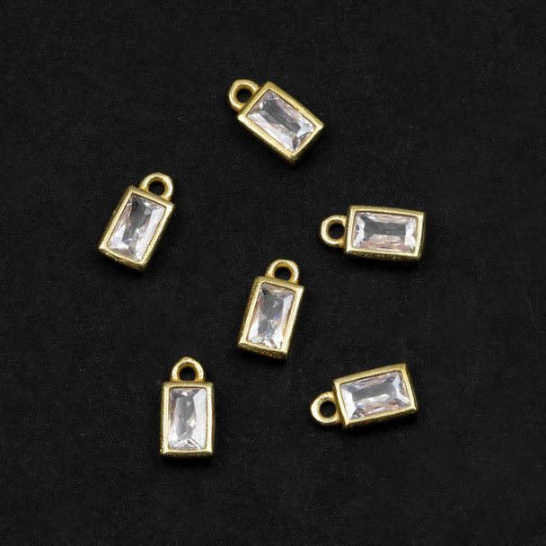 Cherry Tree Beads Raw Brass CZ Component - 4.4x8.3mm Rectangle Charm, Clear Cubic Zirconia Crystals, 6 per bag 