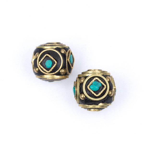Cherry Tree Beads Tibetan Brass 11x11mm Cube Bead with Turquoise inlay - 2 per bag 