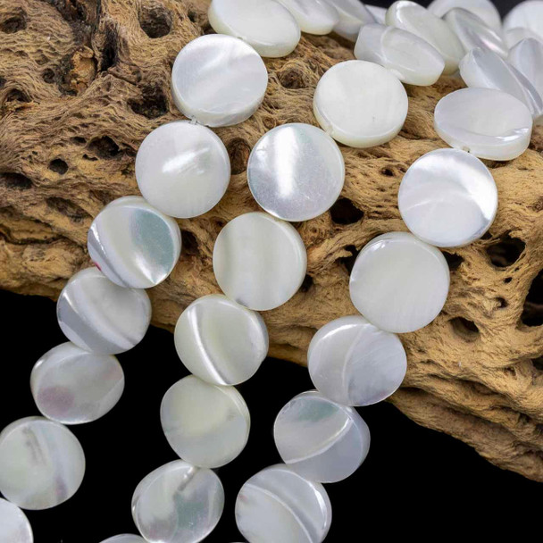 Cherry Tree Beads White Mother of Pearl 12mm Coin Beads - 15 inch strand 